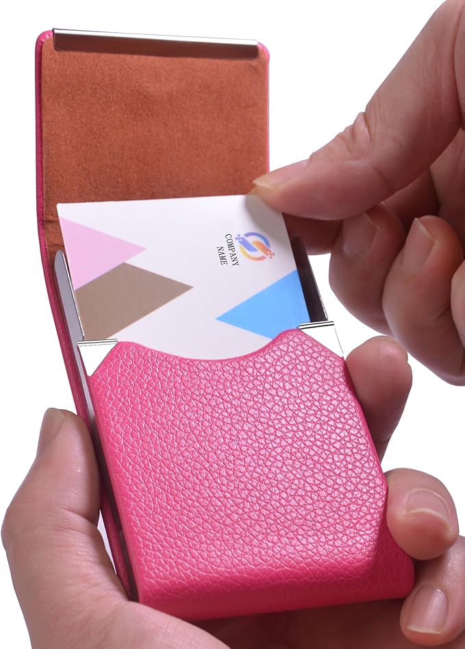 Business Card Holder with Ultra Slim Design,Business Card Case with Premium PU Leather, Suit Pocket Metal Card Holder for Women/Men,Professional Name Card Holder with Magnetic Shut(Rose Red)