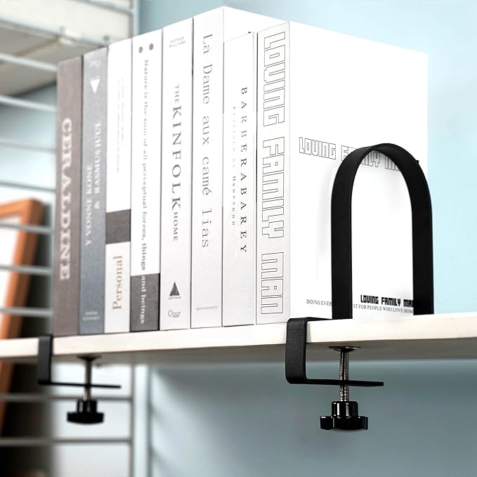 AJART Adjustable Book Ends for Shelves: Black Heavy Duty Bookends - Metal Clamp Book Organizer Storage Holders