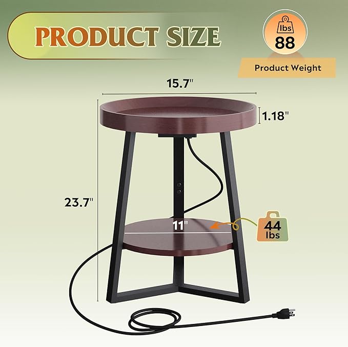 WLIVE Small Round Side Table with Charging Station, Round Coffee Table, 2 Tier End Table for Living Room/Bedroom, Sofa Couch, Easy to Assemble, Wood Tabletop & Metal Frame, Brown