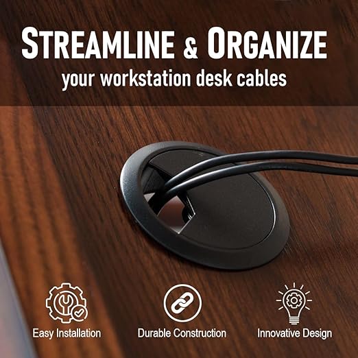 ANGSTROM 2-Inch Hole Desk Grommet Cover Organizer for Desktop Computer Electronics Wires, Black Plastic (2-Pack)
