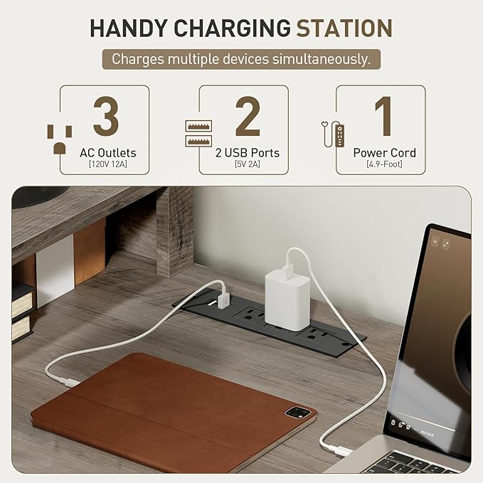 RALGEND 2 Pack Farmhouse 69" Executive L Shaped Desk with Drawer, Home Office Desk with Charging Station, Corner Computer Desk with Monitor Stand,Drawer,Storage Cabinet, Greige