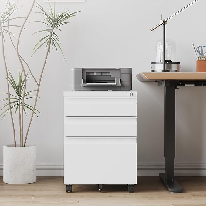 RAVIGIN 3 Drawer File Cabinet，Mobile Filing Cabinet with Lock and Wheels，Un-Assembled Metal Under Desk File Cabinets for A4/Letter/Legal Size（White