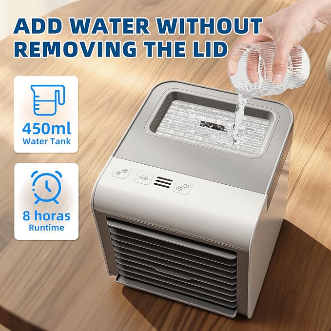 Portable Air Conditioner Fan, 4-in-1 Mini Air Cooler with 450ML Water Tank, 3 Speeds Portable Fan 7 Colors LED Ambient Light, Mini Evaporative Cooler Desktop Humidifier Fan for Bedroom Office Travel
