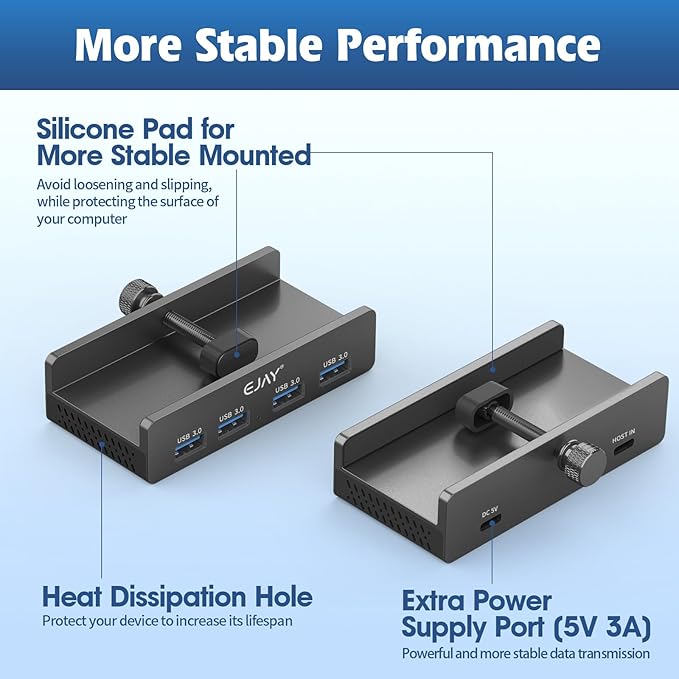 EJAY 4-Port USB 3.0 Hub with Clamp, High-Speed Data Transfer, Extra Power Supply Port, 59in Data & 39in Power Cables for Desk/Monitor
