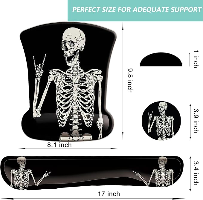 Keyboard Wrist Rest Pad Mouse Pad with Wrist Support Set of 3, Gaming Mousepad with Non-Slip Rubber Base, Ergonomic Memory Foam Mouse Cushion Support for Home Office Laptop Computer, Human Skeleton