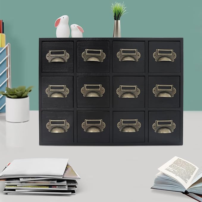 12 Drawer Drawers Storage Cabinet, Wooden Medicine Cabinet Desktop Drawer Organizer Herb Storage Box with Solid Wood Build & No Assembly for organize spices medicines jewelry cosmetics(Black)