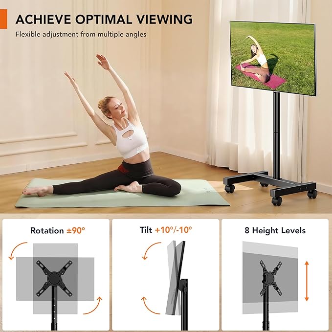 Mobile TV Floor Stand for 13-50 inch LCD LED Flat/Curved Panel Screen TVs up to 44 lbs, Height Adjustable TV Stand Mount with VESA 200x200, Portable TV Stand with Tilt Function HT1007BM