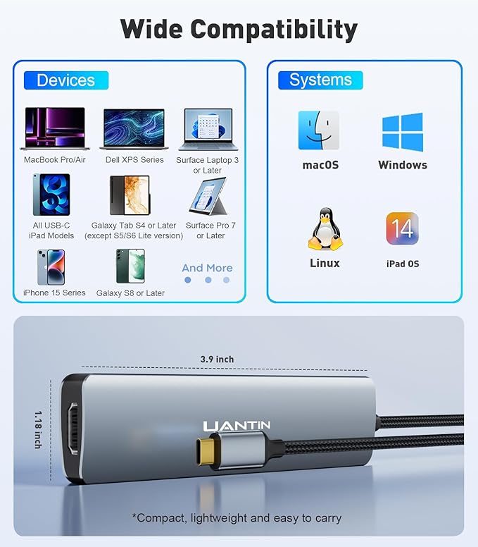 UANTIN USB C Hub Multiport Adapter with 4K HDMI Dongle, SD/TF Card Reader, 2 USB-A 3.0, 5 in 1 USBC Hub for MacBook Mac Pro/Air, Dell, HP, ASUS, Acer and Other Type C Laptops