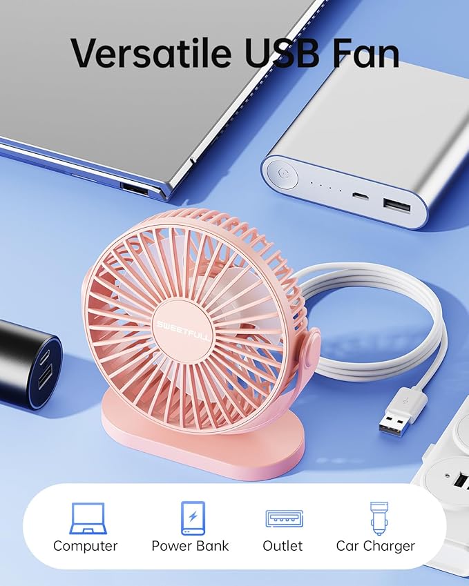 SWEETFULL USB Desk Fan Small Quiet - 3 Speeds Mini Personal Portable Fan 360° Rotation Adjustable, 5.5 Inch Office Table Cooling Gadgets on Desktop (Pink)