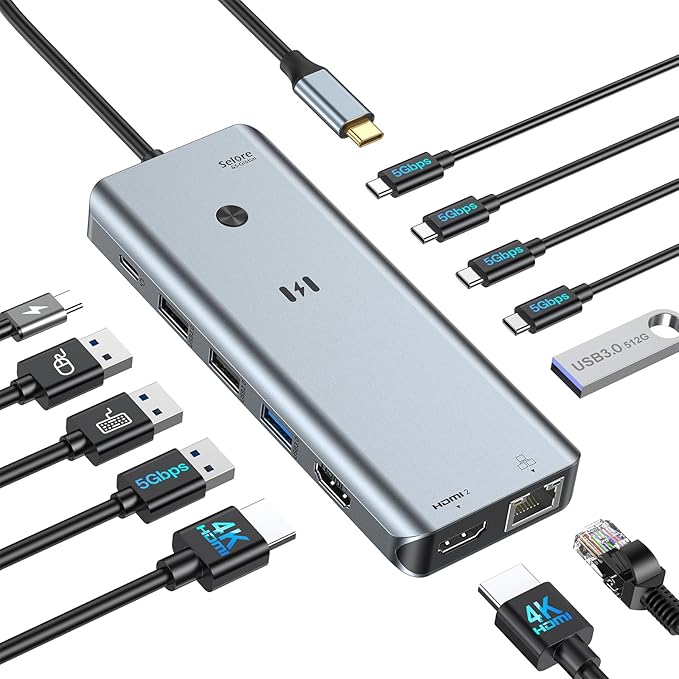 Selore 13 in 1 Laptop Docking Station Dual Monitor, USB C Docking Station with 2 HDMI, 100W PD Charging, Gigabit Ethernet, 5Gbps USB C/A Ports, Dual HDMI USB-C Hub for Dell/HP/Lenovo