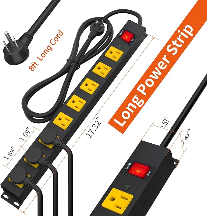 8 Outlet Power Strip 2100J Surge Protector, 8FT Heavy Duty Extension Cord Wide Spaced Outlet and Wall Mount Metal Powerstrip for Home Office Garage Workshop