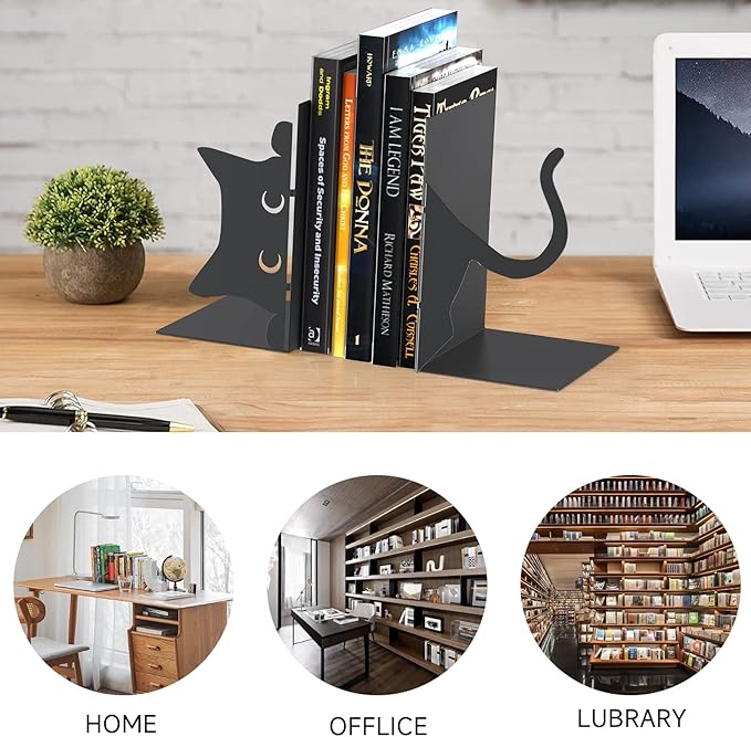 Book Ends Decorative,ENCIMART Book Ends,Metal Bookends,Book Holders for Shelves,Office Decorative Bookends,1.5mm Thickened Book Ends,Bedroom Library Office School Book Desktop Organizer Gift（Cat）