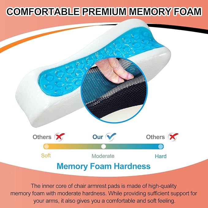 Upgraded Office Chair Arm Pads with Cooling Gel, Ergonomic Memory Foam Armrest Pads for Office Chair Gaming Chair Arm Rest Covers for Desk Chair Armrest Cushions (Set of 2)
