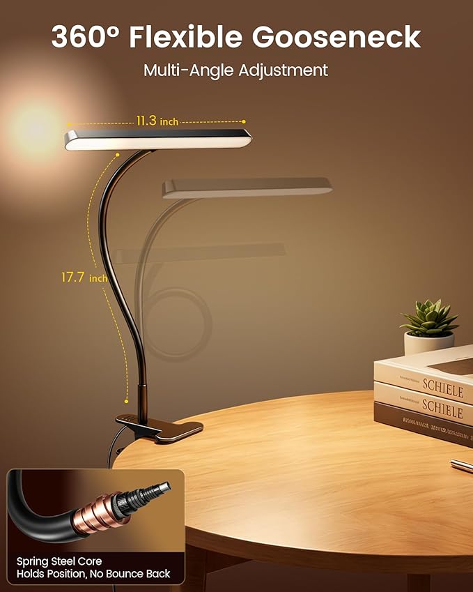 Glocusent 7W Horizontal Clip on Light, 57LED Eye Caring Reading Light, 5 Brightness & 3 Colors with Amber Mode for Bedside Reading, 2.75" Clamp & 30Min Timer, USB Powered Clip on Lamp for Work, Craft