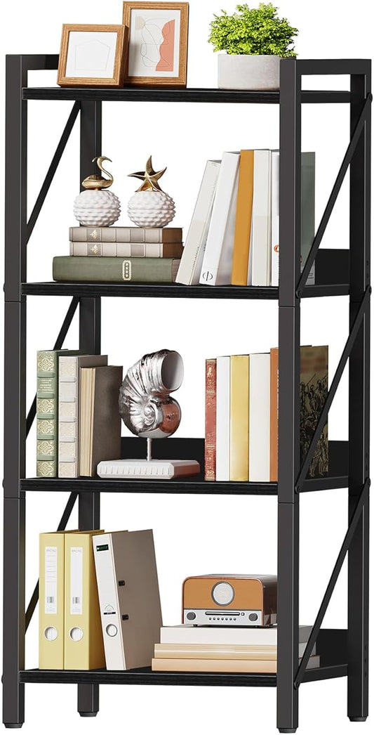 HOOBRO Bookshelf, 4-Tier Industrial Bookcase, Book Shelf Storage Organizer, Small Bookshelf with Metal Frame for Living Room, Bedroom, Home Office, Kitchen, Black BB40SJ01