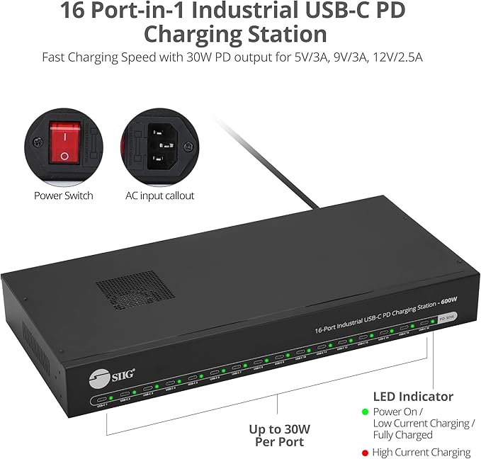 SIIG USB-C 16 Port 600W PD Industrial Powered Multiport Charging Station - 30W per Port - UL Certified - Rack Mount Compatible, for iPad/Tablet/Audio Guide and More (ID-US0A11-S1)