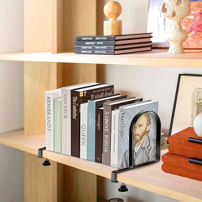 AJART Adjustable Book Ends for Shelves: Black Heavy Duty Bookends - Metal Clamp Book Organizer Storage Holders