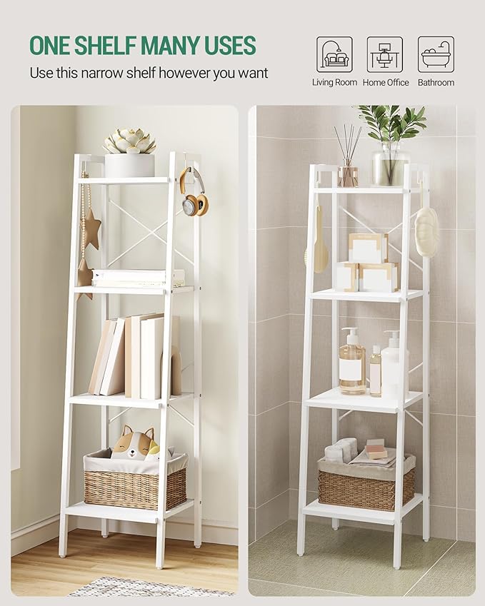 Hzuaneri Ladder Shelf, Bookshelf Bookcase, Freestanding Corner Storage Shelve with 2 Hooks for Home Office, Living Room, Kitchen, Bedroom, Industrial, 4-Tier White BC13213W
