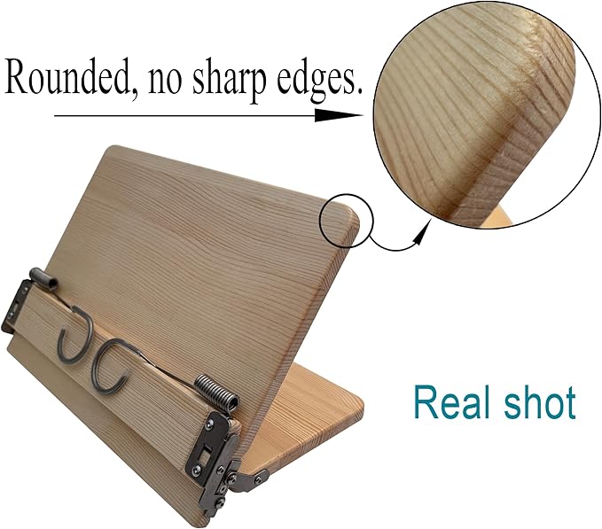 Book Stand, Cookbook Stand, (Solid Wood Construction with Anti-Cracking Design, Stainless Steel Hardware)