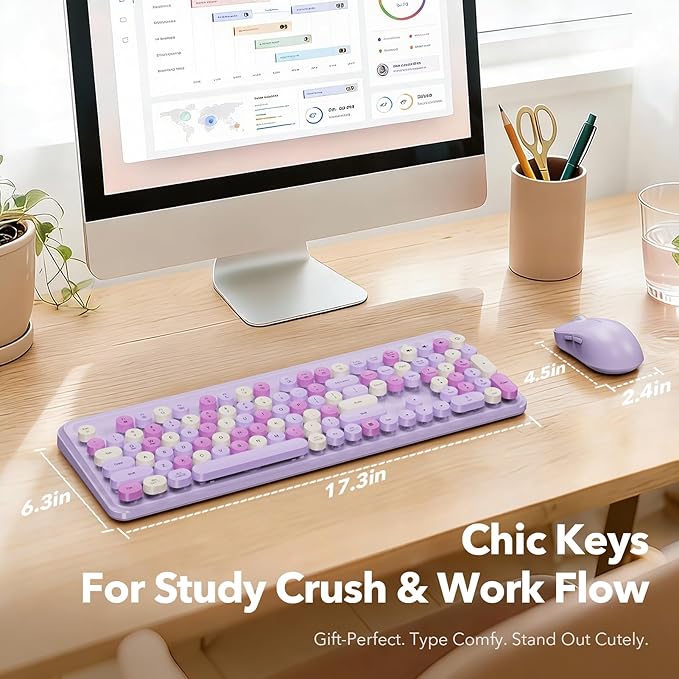 Wireless Keyboard and Mouse Combo with Phone/Tablet Holder, Full-Size Typewriter Keyboard, Retro Round Keycaps, 3-Level DPI Mouse, 2.4GHz Cordless Connection for Windows/PC/Laptop (Lavender & Cream)