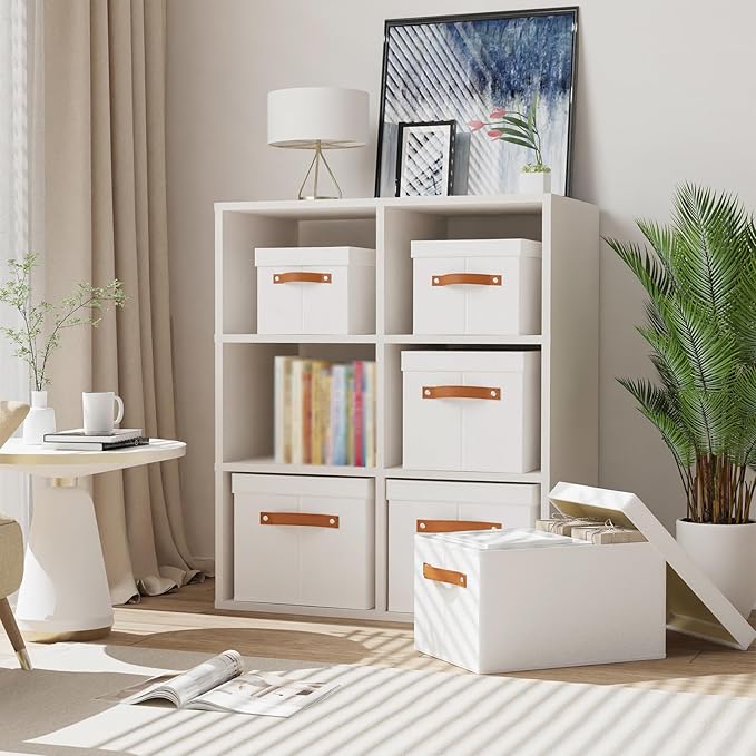 Storage Boxes with Lids, 7.1 x 9.1 x 13 Inch Storage Baskets, Closet Organizers for Shelves Organizing with Handles, White, 5-Pack