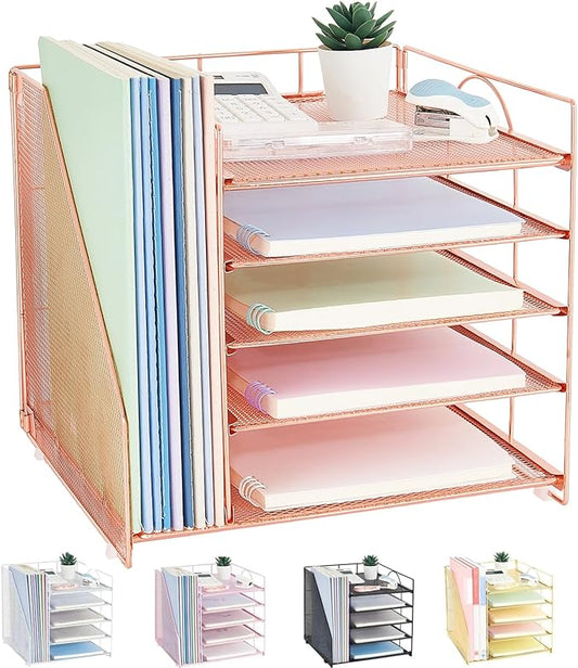 LEKETREE Desk Organizers and Accessories, 5-Tier Paper Letter Tray Organizer with File Holder, Desktop Organizer for Office Supplies (Rose Gold)