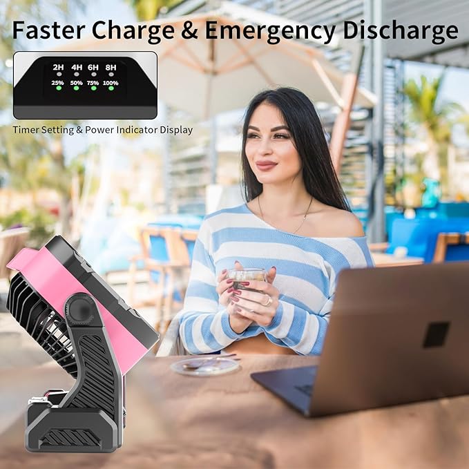 WESTTREE 20000mAh Battery powered fan Camping essentials,Portable fan Battery Operated Rechargeable Tent Fan with Light & Hook X26A Pink