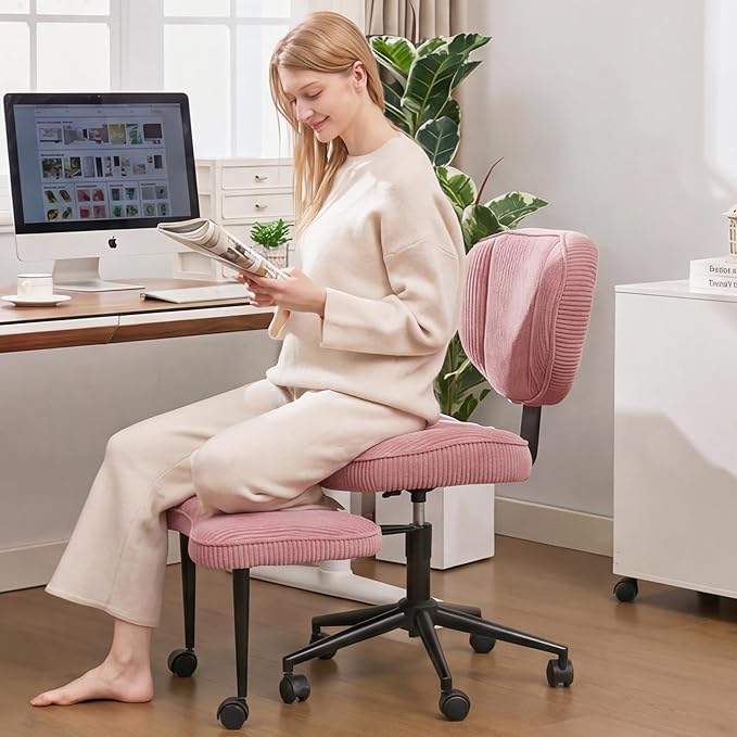 Criss Cross Office Chair with Wheels, Adjustable-Height Backrest & Swivel Footrest, Ergonomic Cross Legged Office Chair with Leg Rest for Kneeling Meditation Yoga ADHD (Pink Canvas)