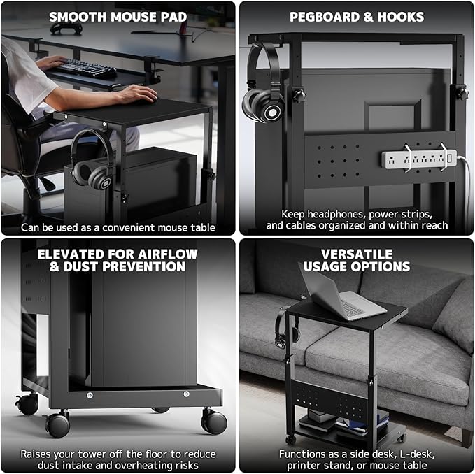 PUTORSEN Computer Tower Stand Cart - 2-Tier CPU Cart with 4 Casters, Rolling Holder with Pegboard & 2 Hooks, Height Adjustable from 20 7/16" to 30 1/4", for Office Home Gaming