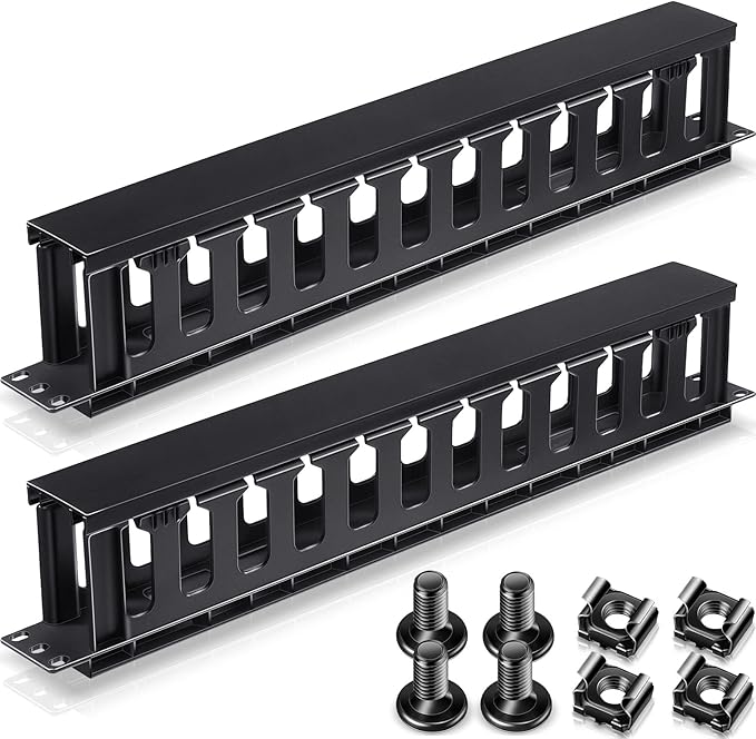 Leinuosen 8 Pcs 1U Rack Cable Management Sleeves Horizontal Mount Cable 12 Slot Management Clips Rack with Panel Cover 19 Inch for Wall Shelf Mount