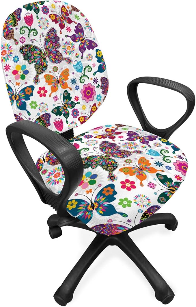 Ambesonne Butterfly Office Chair Slipcover, Sixties and Seventies Inspired Complex Image with Floral Elements and Butterflies, Protective Stretch Decorative Fabric Cover, Standard Size, White Pink