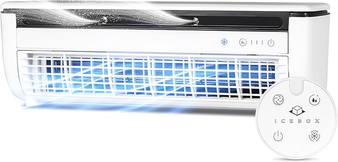IceBox Cooling Mist Fan, Small Portable Fan with Evaporative Humidifier, For Desk or Wall Mount, 3 Speeds, 8.8oz/260ml Tank, 8-Hour Runtime per Charge, Remote, USB-C, IBCF200W, White/Gray