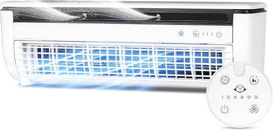IceBox Cooling Mist Fan, Small Portable Fan with Evaporative Humidifier, For Desk or Wall Mount, 3 Speeds, 8.8oz/260ml Tank, 8-Hour Runtime per Charge, Remote, USB-C, IBCF200W, White/Gray