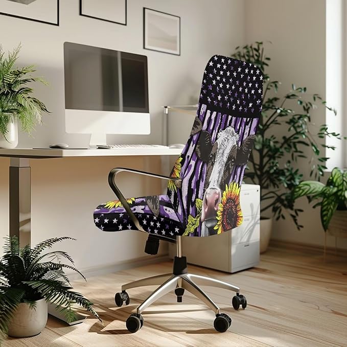 Talayituse Cow Sunflower Camo American Flag Print Office Chair Cover Universal Stretch Desk Chair Cover, Anti-Slip Computer Chair Slipcovers with Elastic Bottom, L