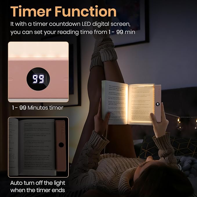 Flat Book Light, Rechargeable Clear LED Smart Reading Light with 3 Colors & Timer, Dimmable Full Page Panel Plate Lamp, Eye Protection, Portable Flat Reading Light for Bedside, Travel, Study (Pink)