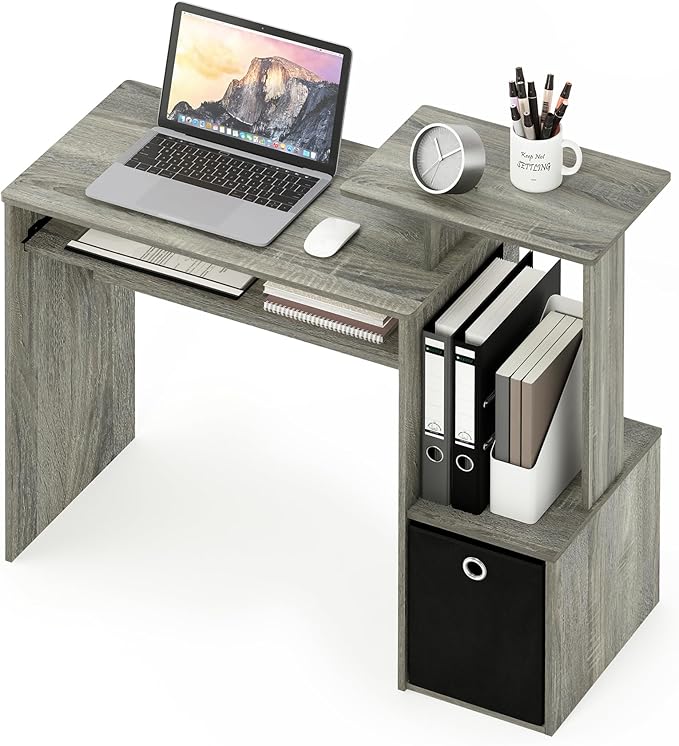 Furinno ECON Desk, 40" Wide Gaming Desk with Keyboard Tray, Computer Desk, Office Desk with Side Shelves and Storage Bin for Home Office, Grey Oak