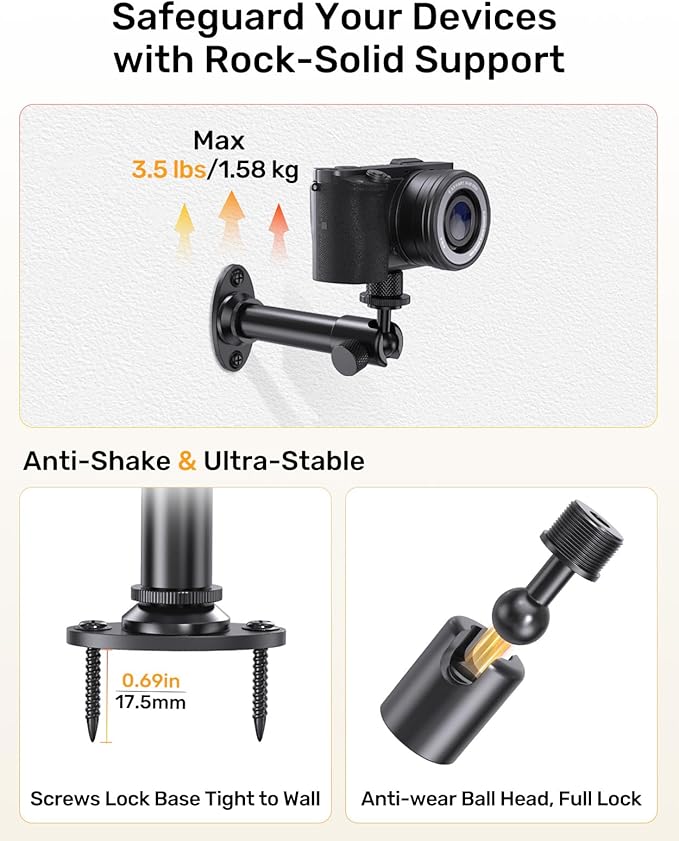 Microphone Wall Mount Bracket with Swivel Mini Ball Head, Mic Wall Mount Flange Base, 5/8" to 3/8" & 1/4" Mic Stand Adapter, Extension Tube Kit - Compatible with Camera, Microphones, Lights, Webcam