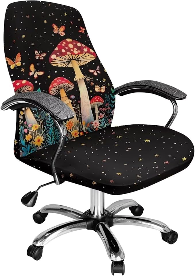 Talayituse Mushroom Butterfly Flower Print Office Chair Covers Stretch Computer Chair Slipcover Removable Boss Chair Seat Cushion Protectors for Armrest Chair Universal Rotating Chair, L