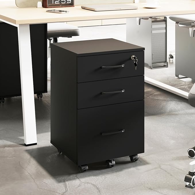 File Cabinet with Lock,3 Drawer Wood Rolling Filing Cabinets Under Desk for Home Office, Office Storage Cabinet fits Letter/A4 Size,Mobile Filing Cabinet Printer Stand,Black