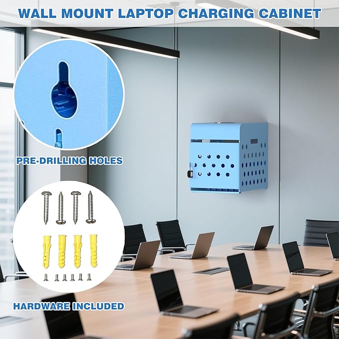 POCHAR 8-Device Chromebook Charging Cabinet for Classroom - Laptop Lock Box for iPad Tablet Fits 14" Screen - Portable Locking Charging Station for Schools, Offices, Hospitals (Blue)
