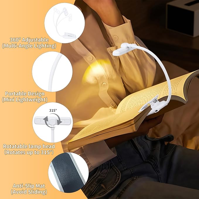 24 Led Rechargeable Book Light For Reading In Bed-Eye Caring 3 Color Temperatures,80 Hrs Runtime Lightweight Clip-On Lamp, Perfect For Kids, Book Lovers, And Student Gifts (White, Rotating)
