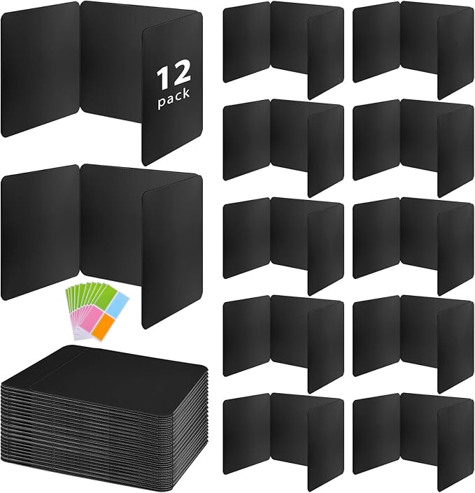 12 Pack Black Desk Dividers with Labels for Students, ROOKEA Waterproof Plastic Study Carrel Dividers, Privacy Classroom Shield Folder Boards Desk for Classroom Teacher Supplies Test Divider