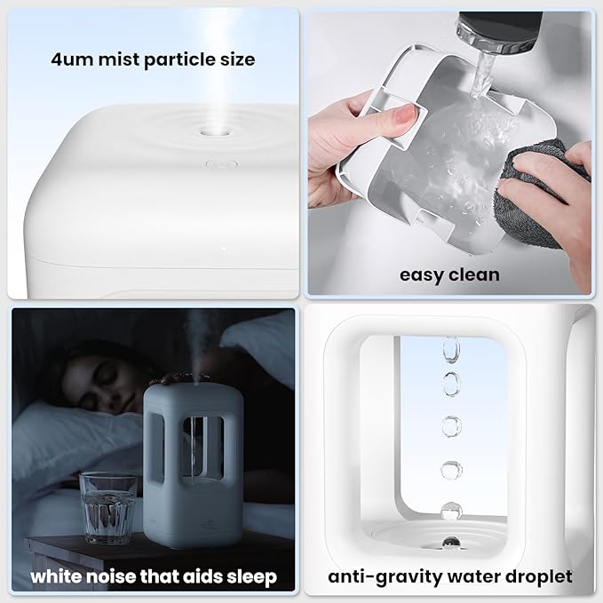 0.6L Mini Anti-Gravity Humidifier, Cool Mist Humidifier for Bedroom & Desk, Water Drops Move Upward Visual Effect, Quiet 36dB Night Light, Auto Shut-Off, Modern Minimalist Design