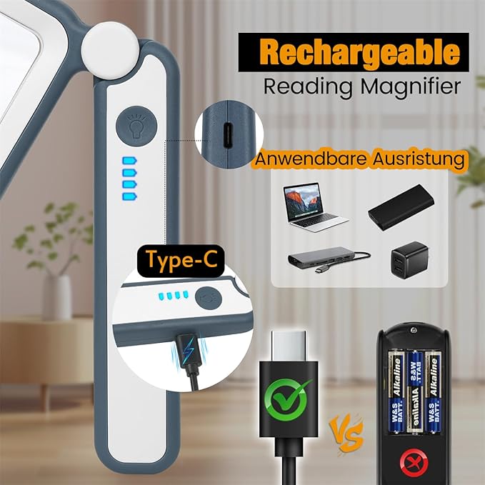 Rechargeable Magnifying Glass with Light for Reading, 5X Large Page Magnifier with LED Lighted for Seniors Low Vision, Folding Handheld Rectangle Magnifier for Reading Small Print, Blue-White