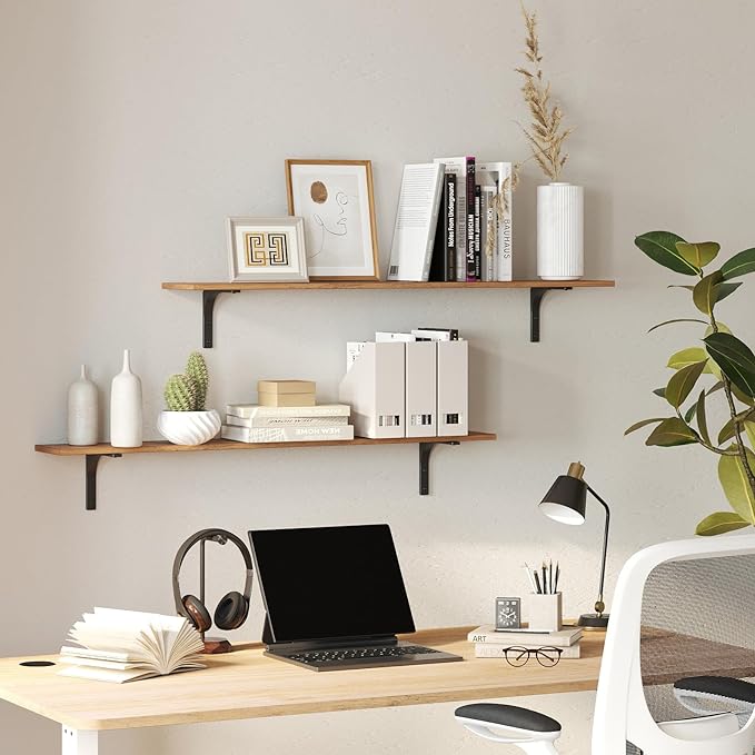 DINZI LVJ Long Wall Shelves, 31.5Inch Wall Mounted Shelves Set of 4, Extra Large Floating Storage Ledges with Sturdy Metal Brackets for Living Room, Bathroom, Bedroom, Kitchen, Rustic Brown