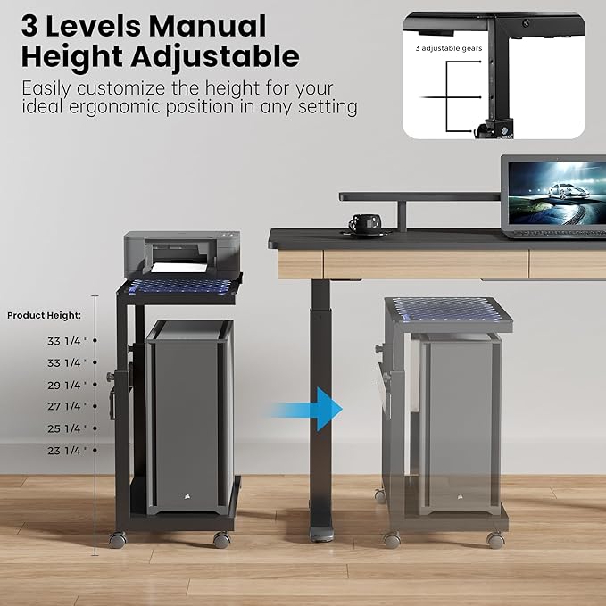 EUREKA ERGONOMIC Height Adjustable Computer Tower Stand, Illuminated Glass Panel PC Stand w/RGB Lights, 2-Tier CPU Holder Cart Under Desk, PC Floor Stand for Office Gaming, APP Control