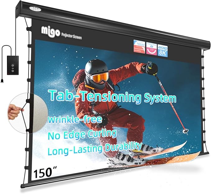 MIGO 150 Inch Pull Down Projector Screen,with Grey Crystal 2.0 Gain Partial Ambient Light Projector Screen Wall/Ceiling Mount for Ultra Short Throw Projector Movie Home Theater Cinema(Black Housing)