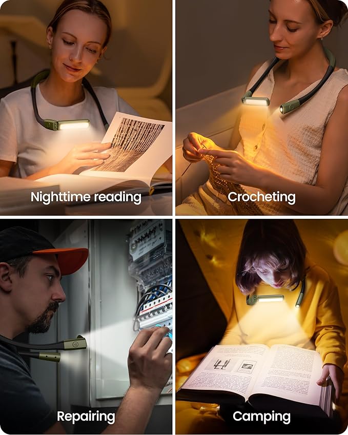 Glocusent Neck Light, 100Hrs Long Lasting Rechargeable Book Light, 5 Colors & Stepless Dimming Reading Light - Perfect Book Lights for Reading at Night, Knitting, Book Lovers Gifts