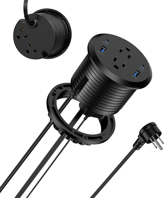 Jgstkcity Power Strip,Flush Mount Recessed Power Grommet,65W USB C Fast Charging,3-Inch Hole, 4 Outlets & 4 Ports, Ideal for Desktop & Countertop Outlet,Dual-Sided (Black, 6FT)