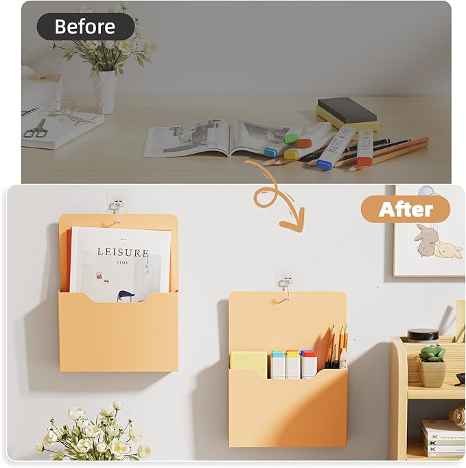 Magnetic File Holder - Magnetic Paper Holder, Pocket Organizer Office Supplies Storage Mail Organizer for Notebooks,Planners,Letter (Orange)